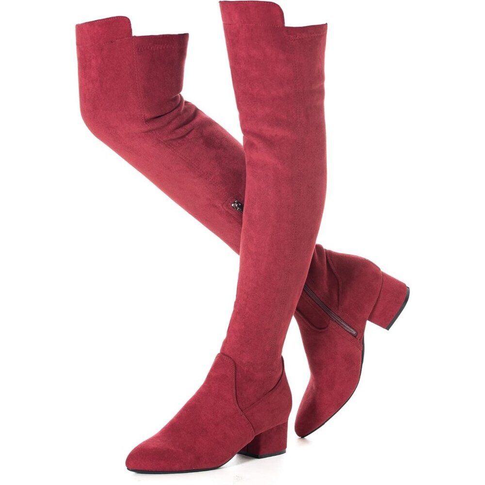 Women's Red Suede High Thigh Low Block Stylish Over-the-Knee Heel Boot - Picture 1 of 6